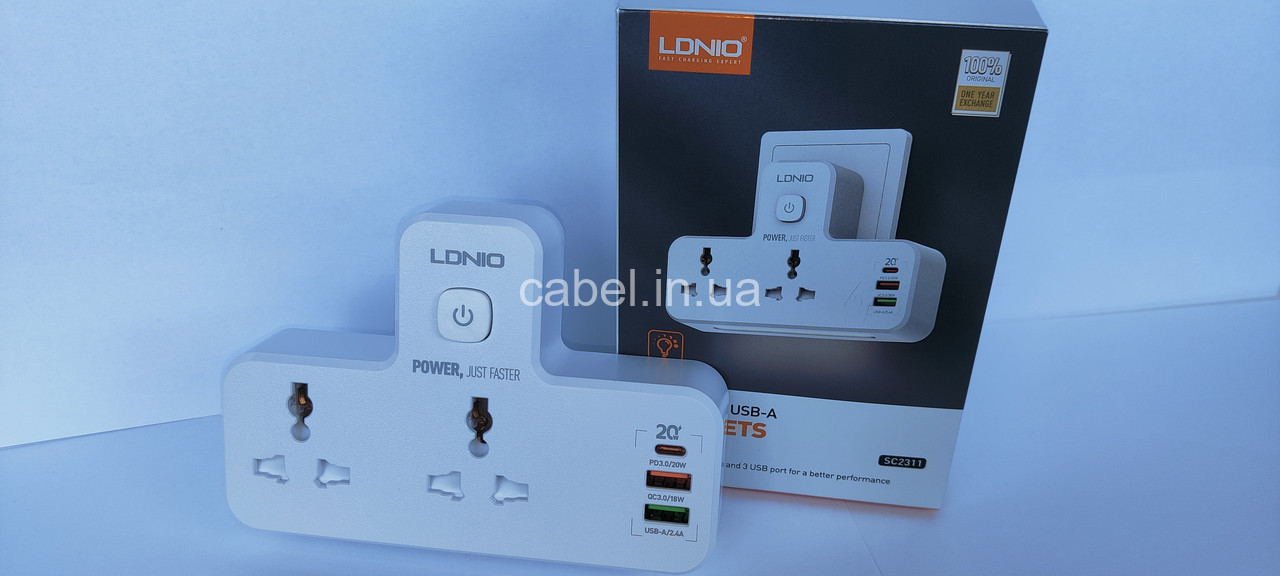 Мережевий фільтр-подовжувач LDNIO SC2311 з 2 USB і швидким заряджанням тип С+нічник