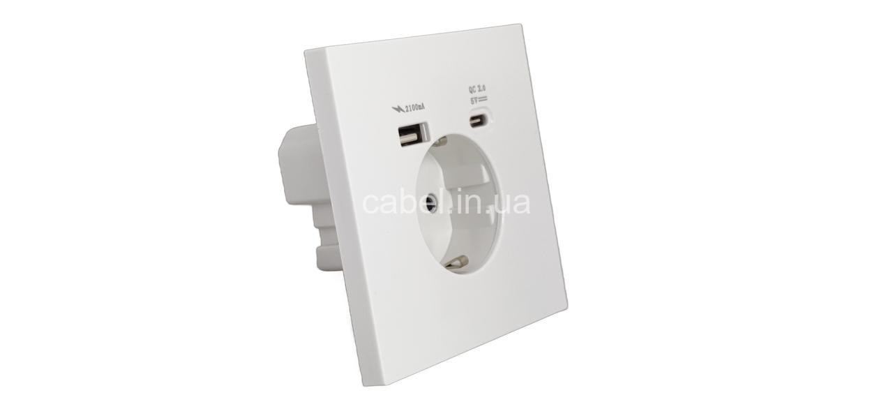 Розетка з USB-A та Type-C (QC 2.0 5V 2.1A), заземленням та захисними шторками Delviz біла (пластик)