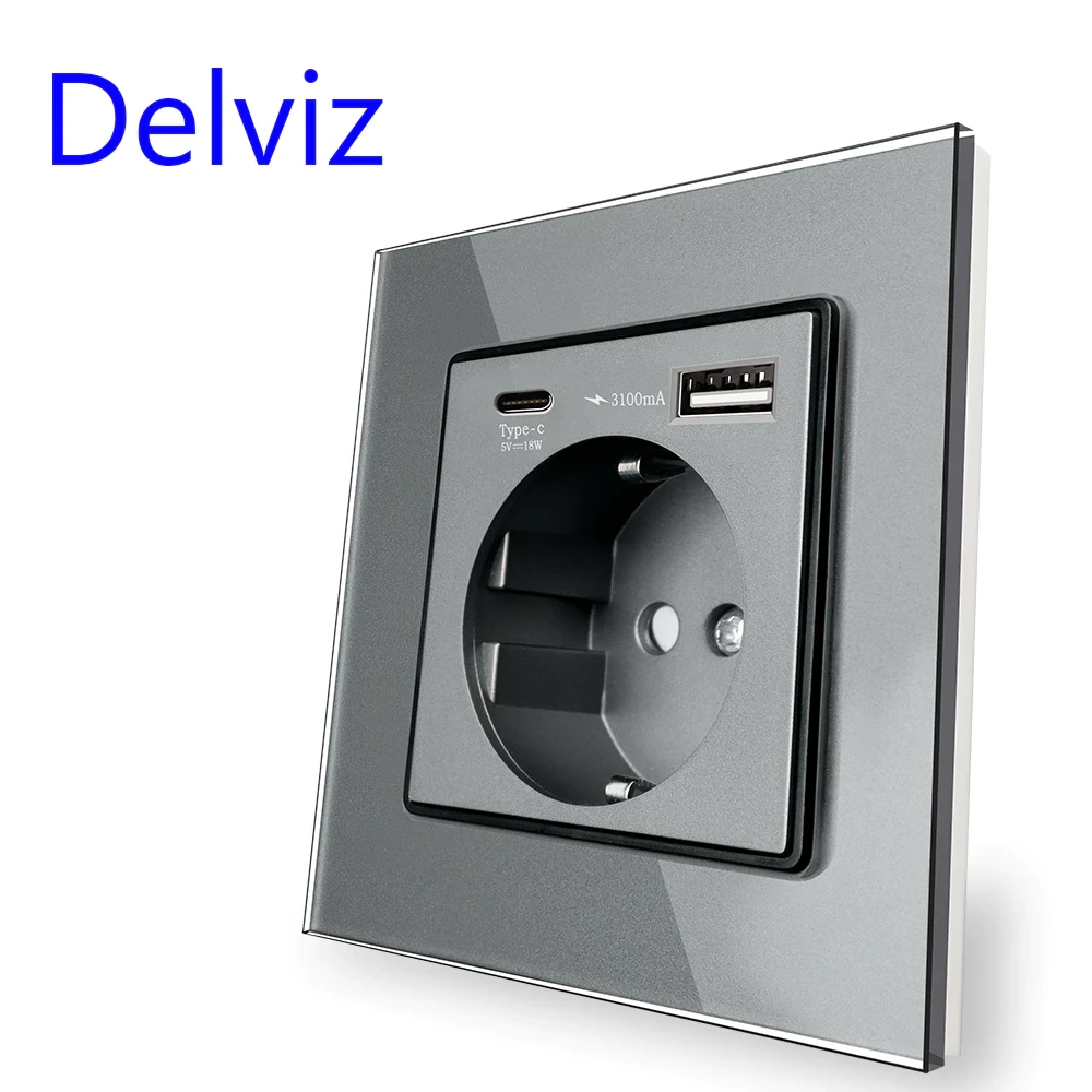 Розетка з USB-A та Type-C (18W 3100mA), заземленням та захисними шторками Delviz графіт (гартоване скло)