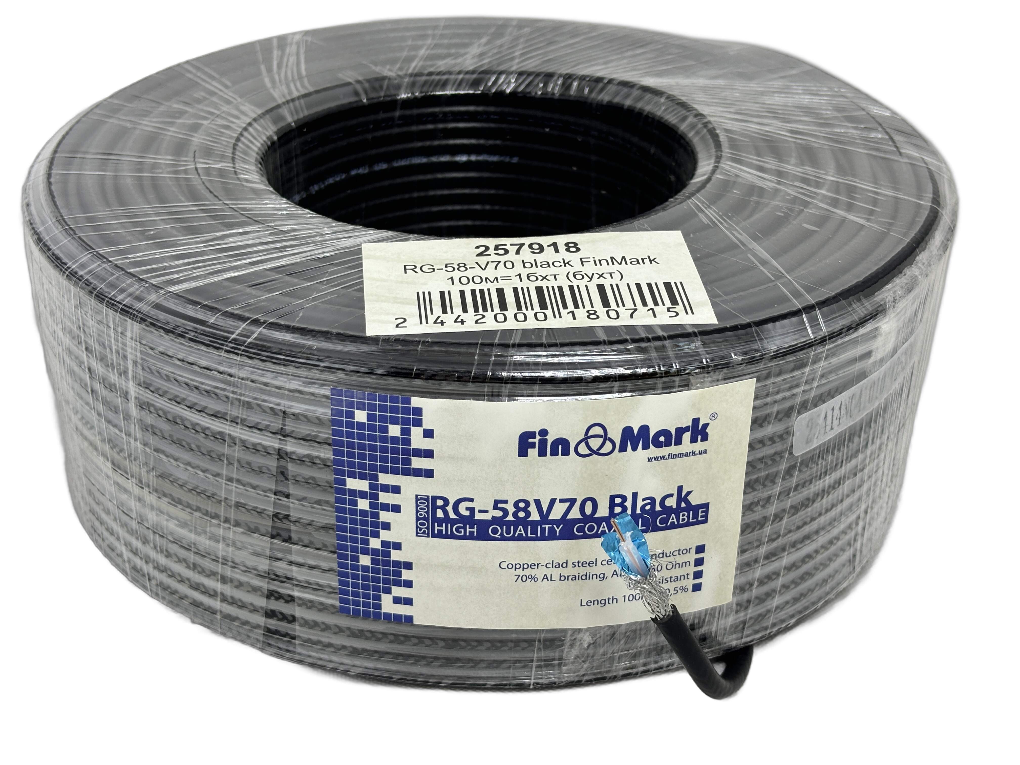 Кабель коаксиальный 50 Ом Finmark RG58-V70 ,черный,100м