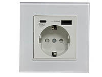 Розетка с USB-A и Type-C (18W 3100mA), заземлением и защитными шторками Delviz белая (закаленное стекло)