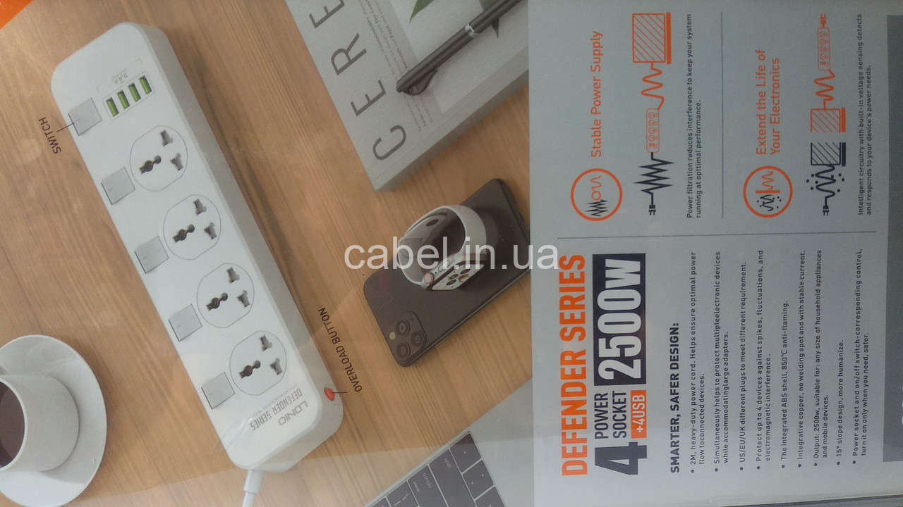 Удлинитель сетевой фильтр Ldnio SC5006 4 розетки+4 USB